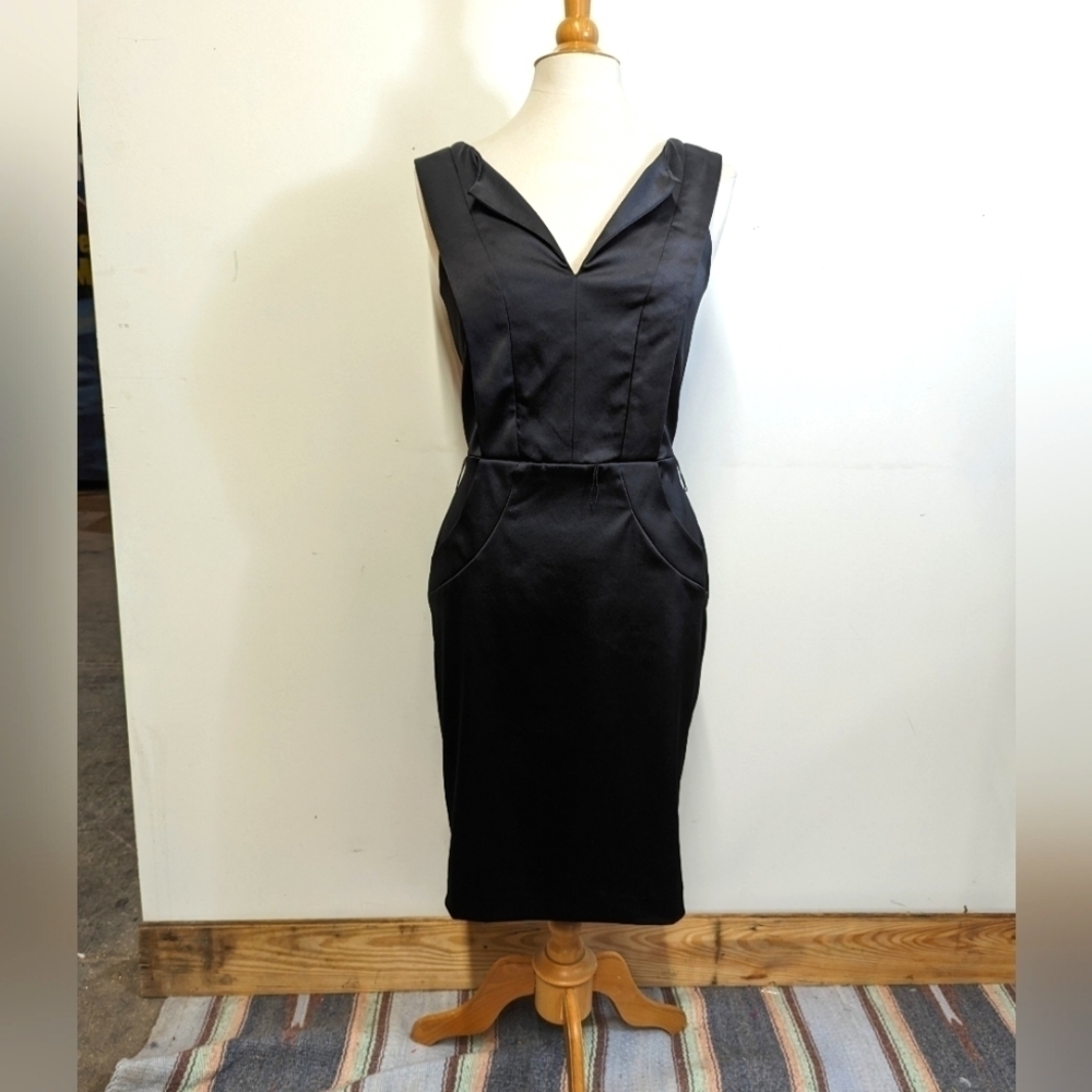 ELLEN Tracy Black Satin Sheath Wiggle Dress Mad Men MCM Style 6 Sleeveless